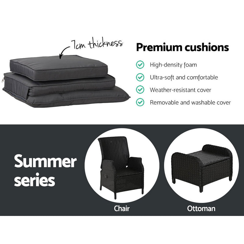 5 Piece Ella Outdoor Recliner Chair Ottoman and Table Set Black - Furniture > Outdoor - Bedzy Australia