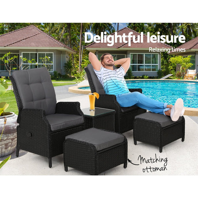 5 Piece Ella Outdoor Recliner Chair Ottoman and Table Set Black - Furniture > Outdoor - Bedzy Australia