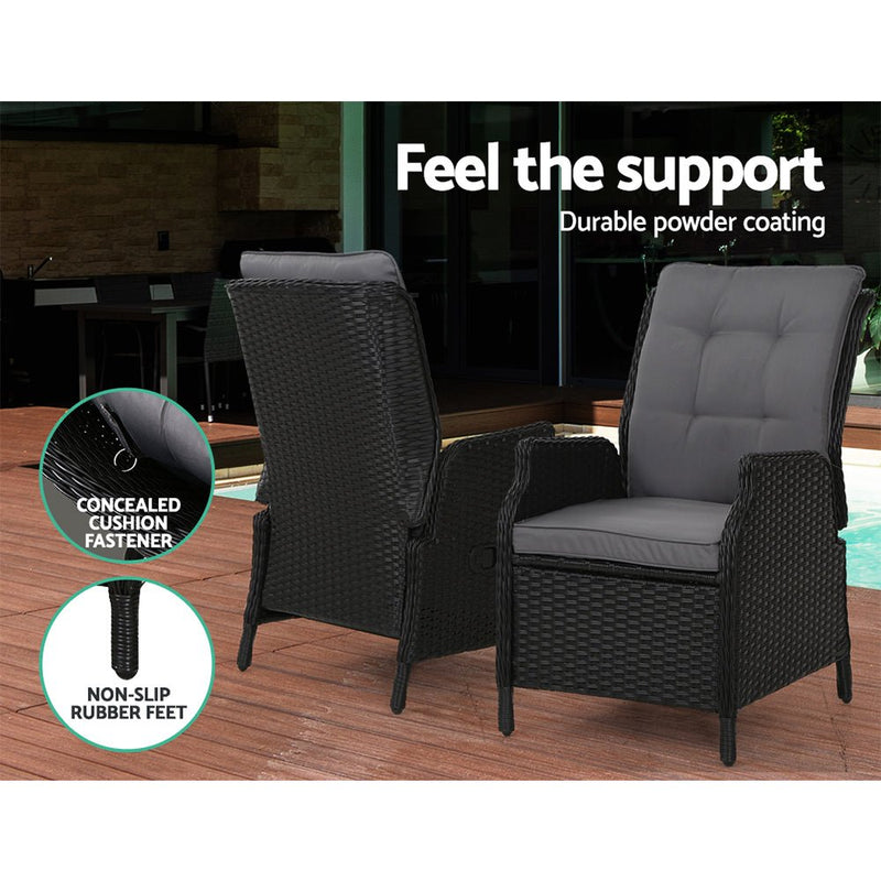 5 Piece Ella Outdoor Recliner Chair Ottoman and Table Set Black - Furniture > Outdoor - Bedzy Australia