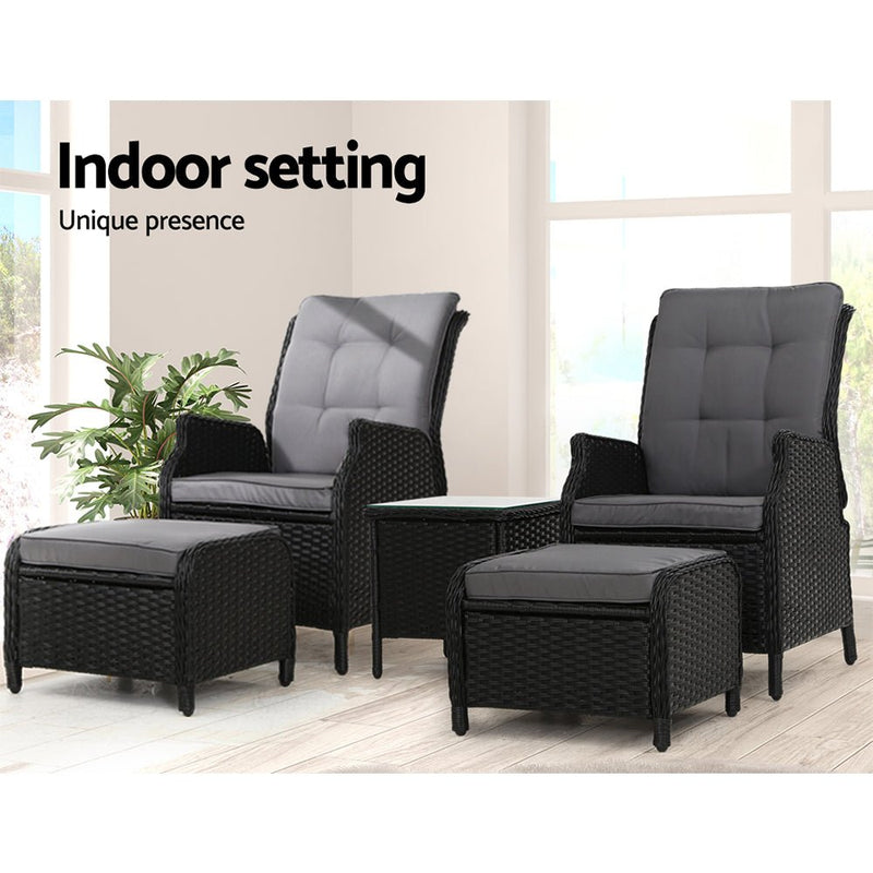 5 Piece Ella Outdoor Recliner Chair Ottoman and Table Set Black - Furniture > Outdoor - Bedzy Australia