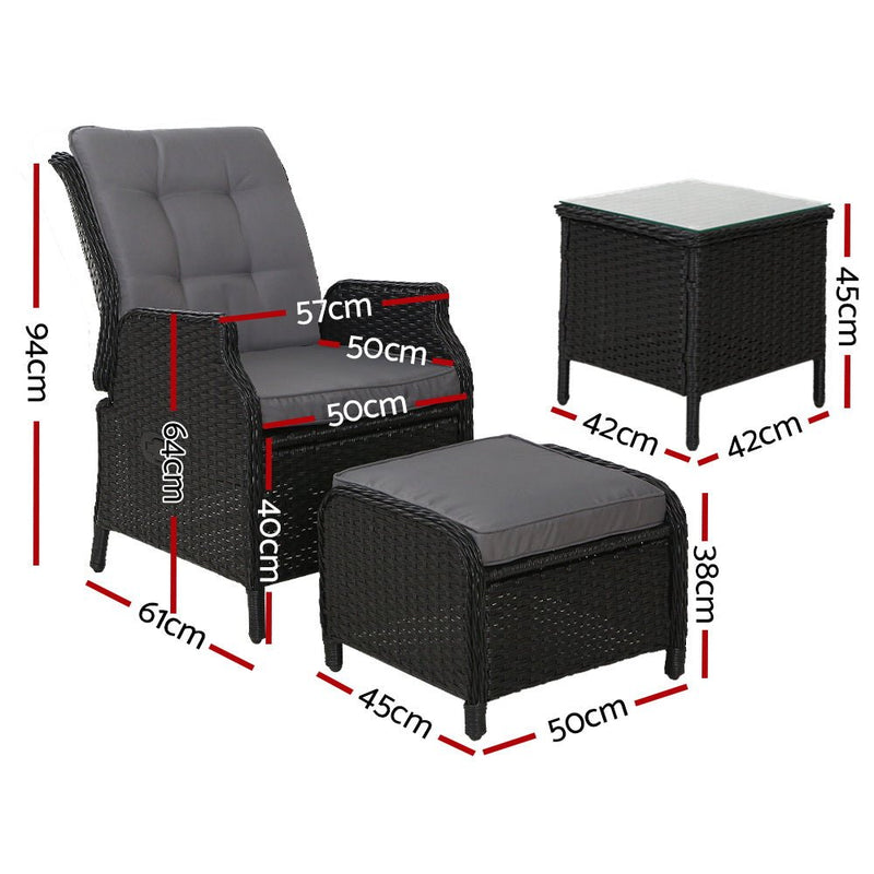 5 Piece Ella Outdoor Recliner Chair Ottoman and Table Set Black - Furniture > Outdoor - Bedzy Australia