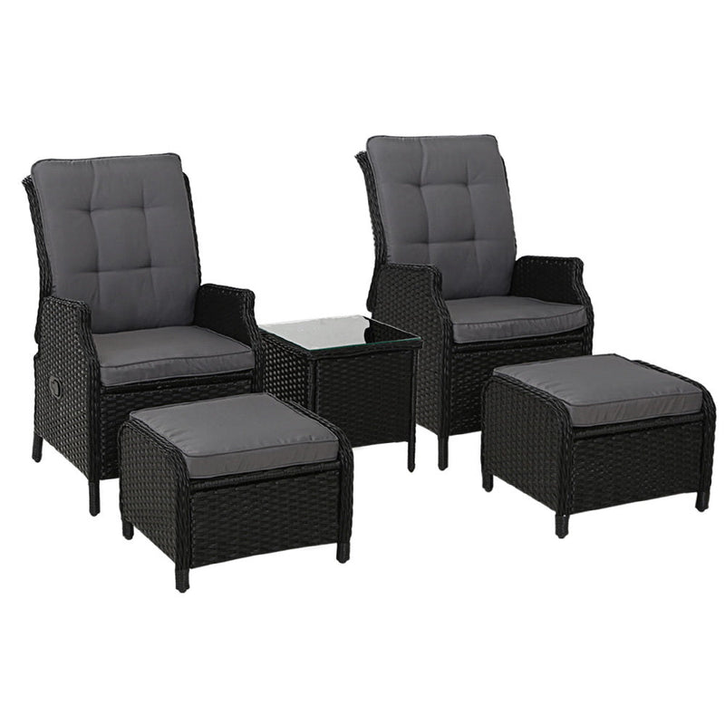 5 Piece Ella Outdoor Recliner Chair Ottoman and Table Set Black - Bedzy Australia (ABN 18 642 972 209) - Furniture > Outdoor