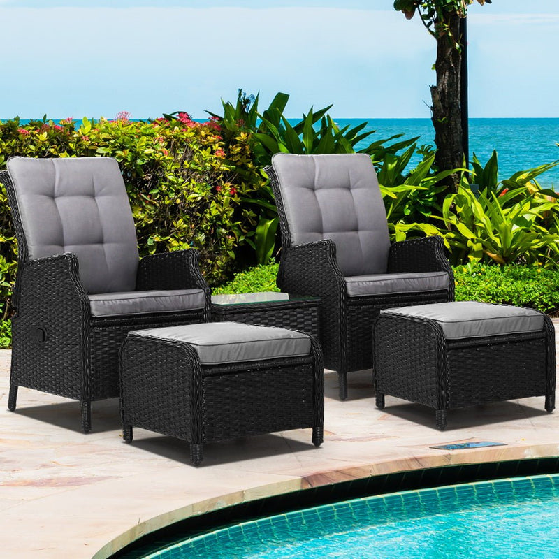 5 Piece Ella Outdoor Recliner Chair Ottoman and Table Set Black - Furniture > Outdoor - Bedzy Australia