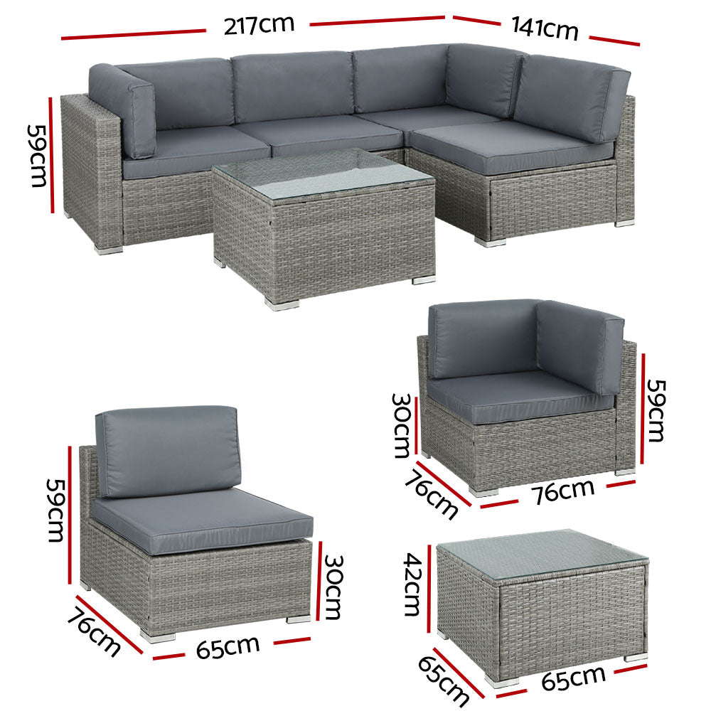 5 Piece Noosa Outdoor Wicker Sofa Set - Grey - Furniture > Outdoor - Bedzy Australia