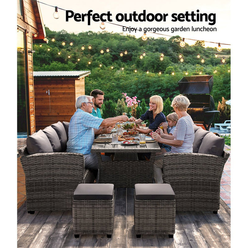 9 Seat Outdoor Wicker Lounge Dining Set - Mixed Grey - Furniture > Outdoor - Bedzy Australia