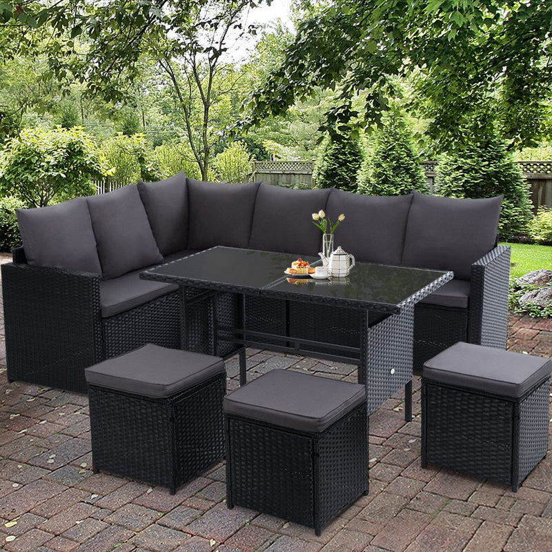 9 Seat Wicker Outdoor Lounge Setting - Black - Bedzy Australia (ABN 18 642 972 209) - Furniture > Outdoor - Cheap affordable bedroom furniture shop near me Australia