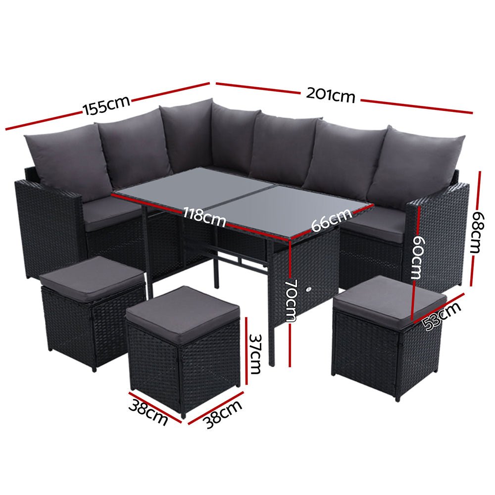 9 Seat Wicker Outdoor Lounge Setting - Black - Furniture > Outdoor - Bedzy Australia
