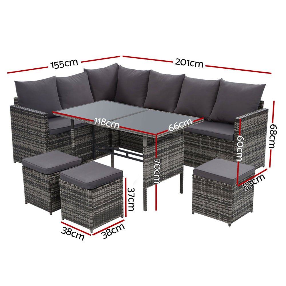 9 Seat Wicker Outdoor Lounge Setting - Mixed Grey - Furniture > Outdoor - Bedzy Australia