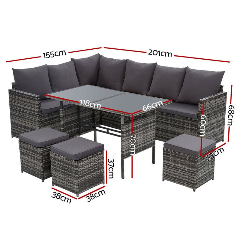 9 Seat Wicker Outdoor Lounge Setting - Mixed Grey - Furniture > Outdoor - Bedzy Australia