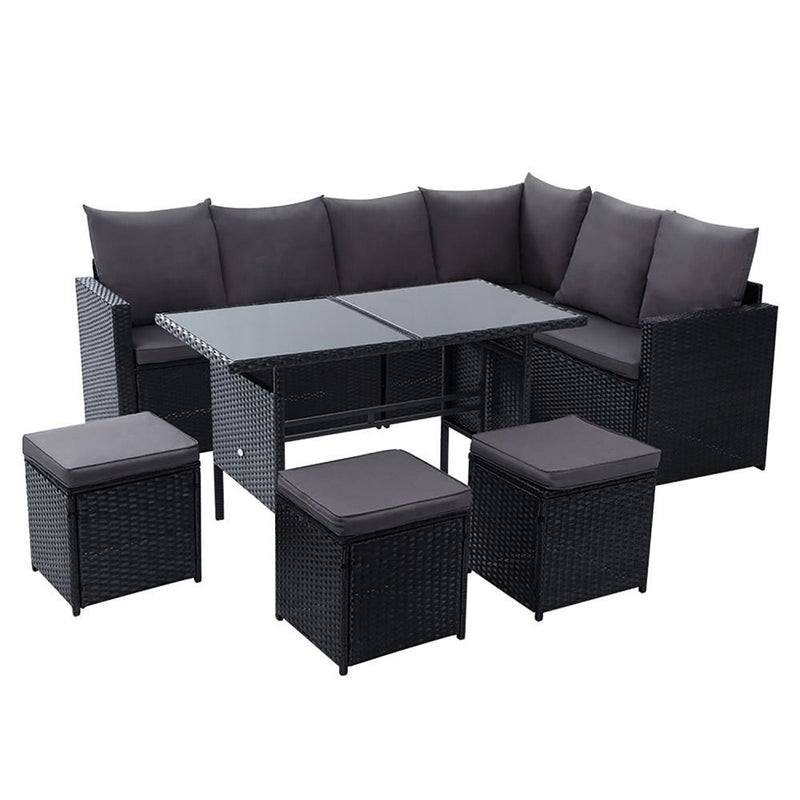 9 Seat Wicker Outdoor Lounge Setting with Storage Cover - Black - Bedzy Australia (ABN 18 642 972 209) - Furniture > Outdoor