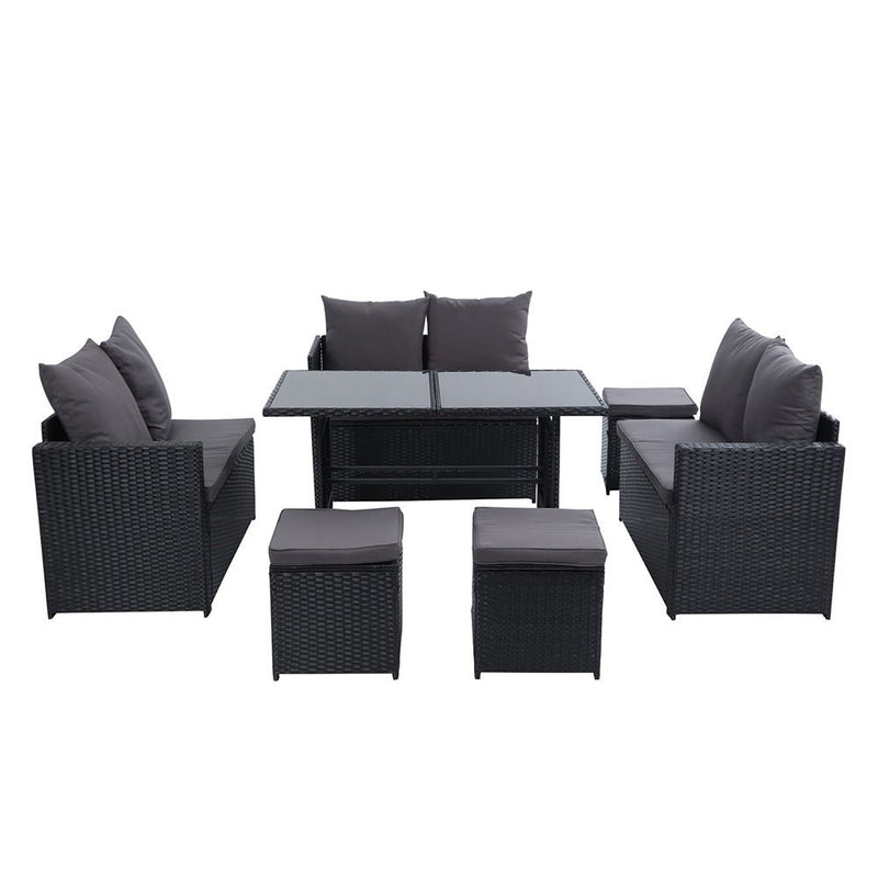9 Seat Wicker Outdoor Lounge Setting with Storage Cover - Black - Bedzy Australia (ABN 18 642 972 209) - Furniture > Outdoor