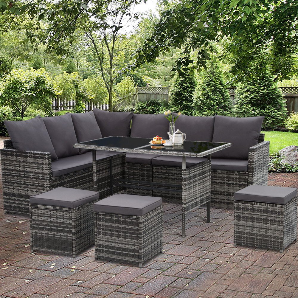 9 Seat Wicker Outdoor Lounge Setting with Storage Cover Mixed Grey