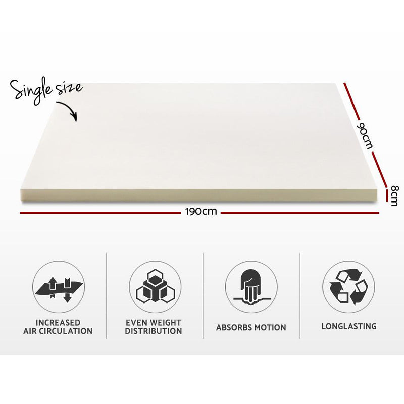 Single Size | Memory Foam Mattress Topper w/Cover 8cm - Bedzy Australia