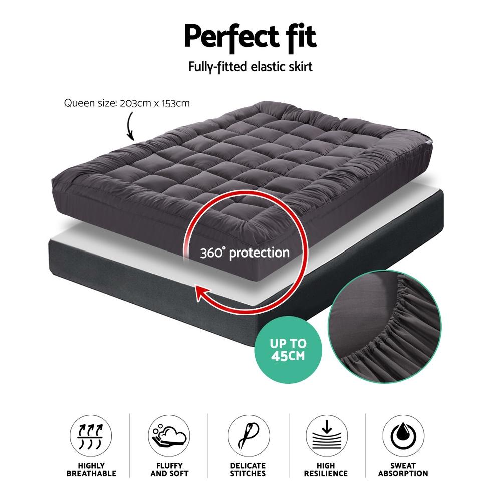 Queen Mattress Topper Pillowtop 1000GSM Charcoal Microfibre Bamboo Fibre Filling Protector - Bedzy Australia