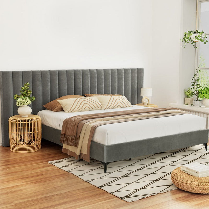 Artiss Bed Frame King Size Bed Base w Oversized Headboard Velvet Fabric Grey - Bedzy Australia (ABN 18 642 972 209) - Furniture > Bedroom
