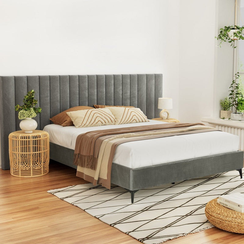 Artiss Bed Frame Queen Size Bed Base w Oversized Headboard Velvet Fabric Grey - Bedzy Australia (ABN 18 642 972 209) - Furniture > Bedroom