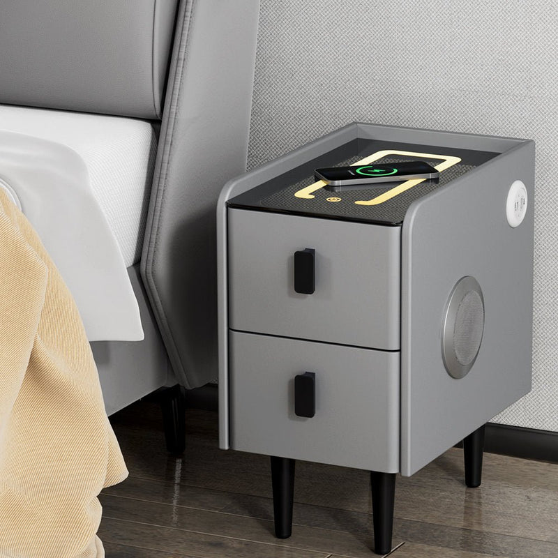 Smart Bedside Table 2 Drawers with Wireless Charging LED Lights Grey - Furniture > Bedroom - Bedzy Australia