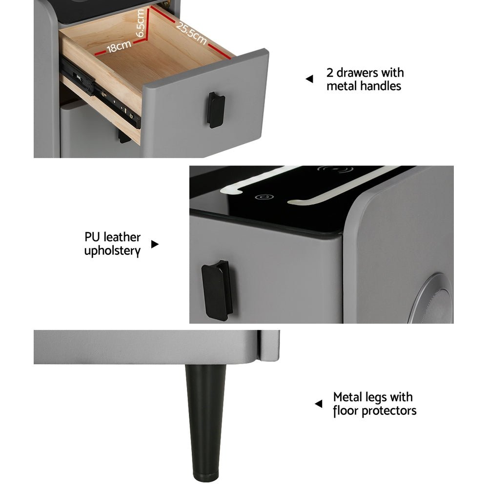 Smart Bedside Table 2 Drawers with Wireless Charging LED Lights Grey - Furniture > Bedroom - Bedzy Australia