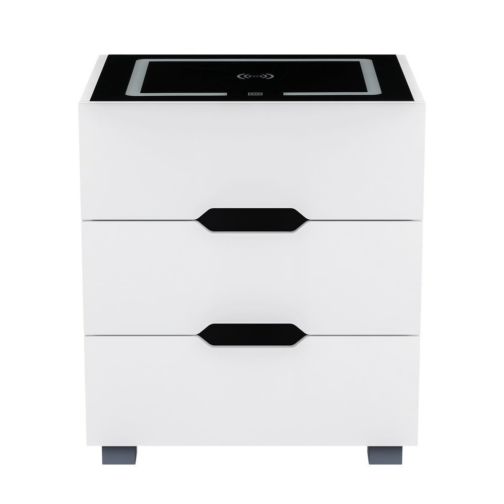 Smart LED 3 Drawer Bedside Table with Wireless Charging White - Furniture > Bedroom - Bedzy Australia