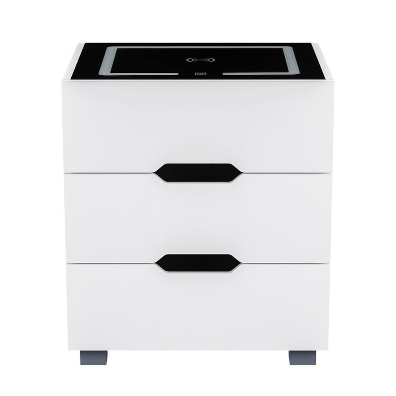 Smart LED 3 Drawer Bedside Table with Wireless Charging White - Furniture > Bedroom - Bedzy Australia