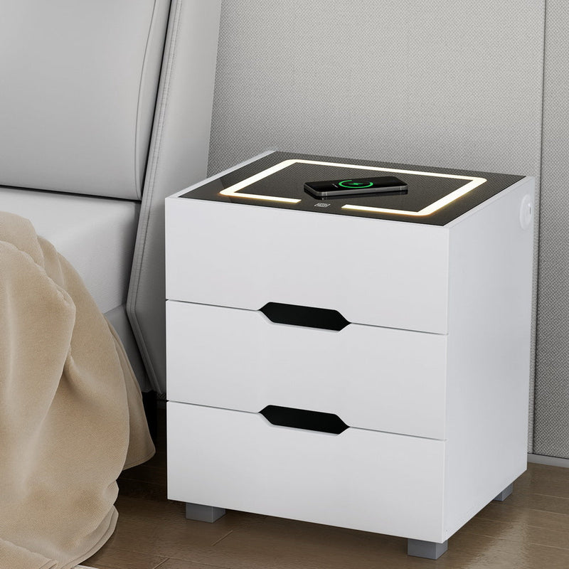 Smart LED 3 Drawer Bedside Table with Wireless Charging White - Bedzy Australia (ABN 18 642 972 209) - Furniture > Bedroom - Cheap affordable bedroom furniture shop near me Australia