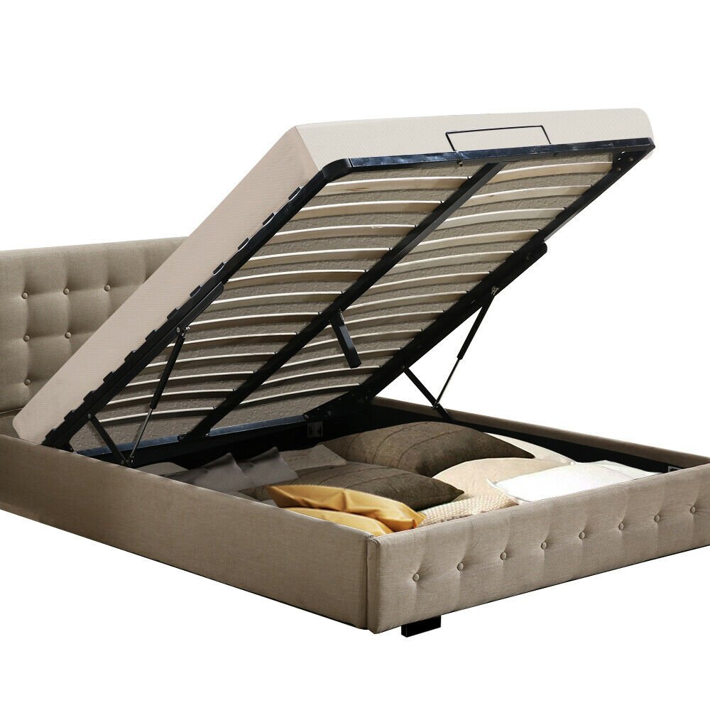 Bendigo Double Size Gas Lift Storage Bed Frame Beige - Bedzy Australia