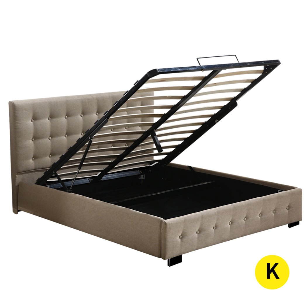 Bendigo King Size Gas Lift Storage Bed Frame Beige - Bedzy Australia