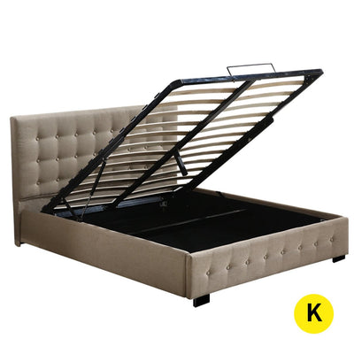 Bendigo King Size Gas Lift Storage Bed Frame Beige - Bedzy Australia