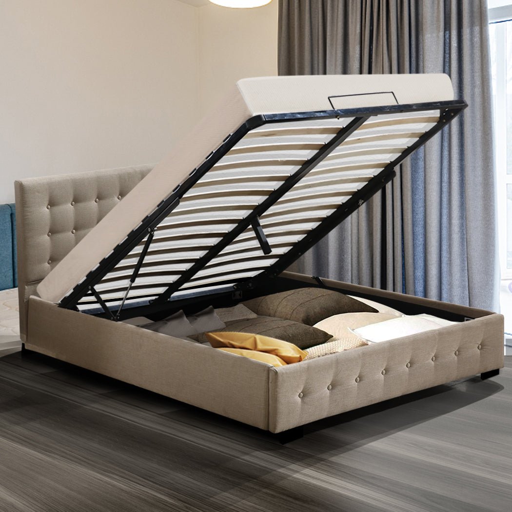 Bendigo King Size Gas Lift Storage Bed Frame Beige - Bedzy Australia