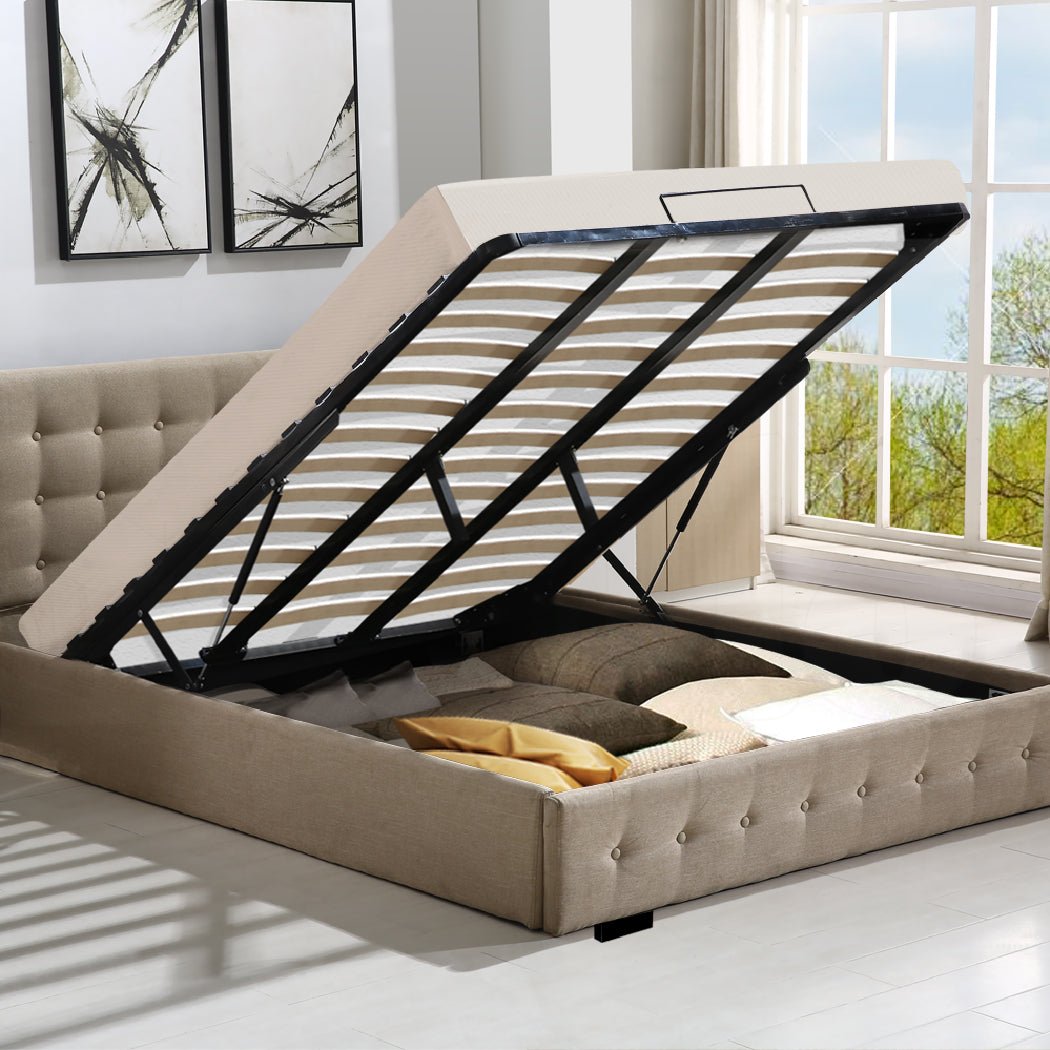 Bendigo King Size Gas Lift Storage Bed Frame Beige - Bedzy Australia