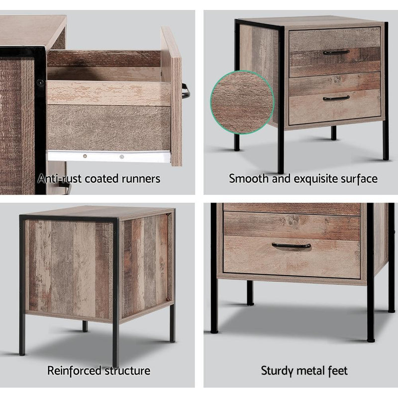 Bedside Table Drawers Nightstand Metal Oak - Bedzy Australia - Furniture > Bedroom