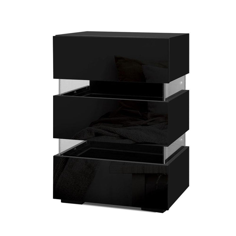 Bedside Table Side Unit RGB LED Lamp 3 Drawers Nightstand Gloss Furniture Black - Bedzy Australia