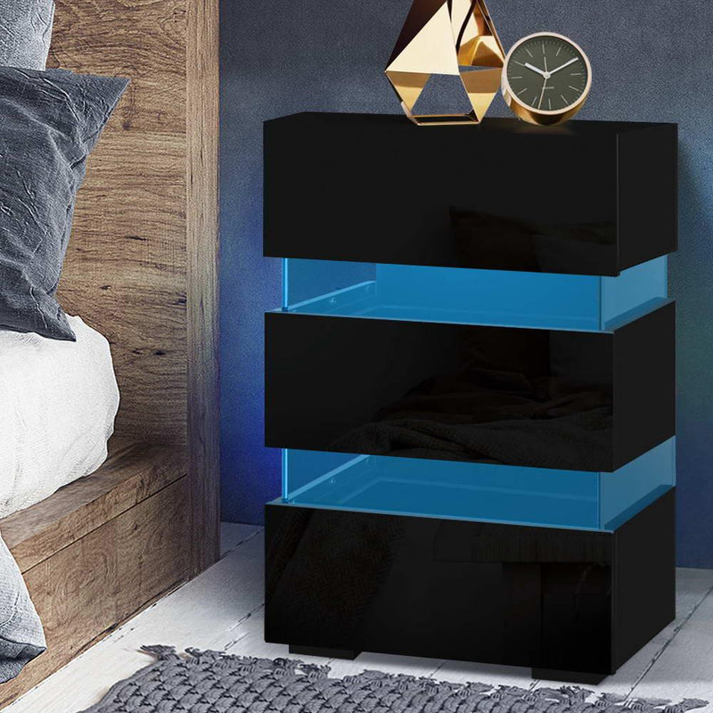 Bedside Table Side Unit RGB LED Lamp 3 Drawers Nightstand Gloss Furniture Black - Bedzy Australia