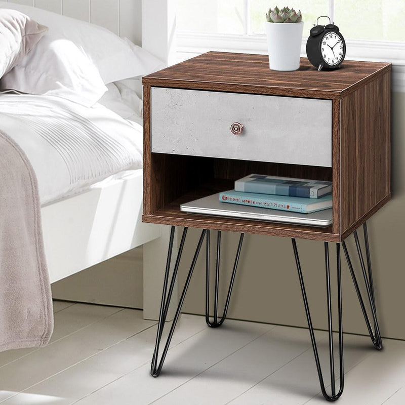 Bedside Table with Drawer - Grey & Walnut - Bedzy Australia - Furniture > Bedroom