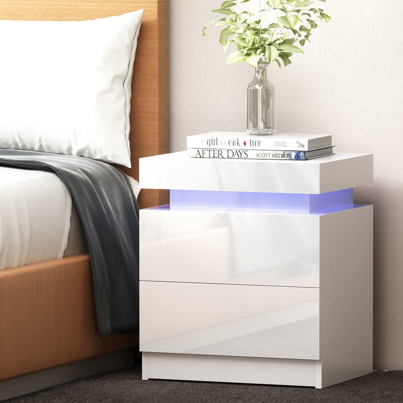 Bedside Tables Side Table Drawers RGB LED High Gloss Nightstand White - Bedzy Australia