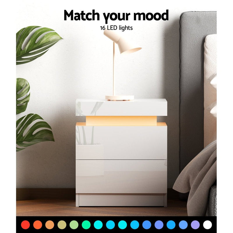 Bedside Tables Side Table Drawers RGB LED High Gloss Nightstand White - Bedzy Australia