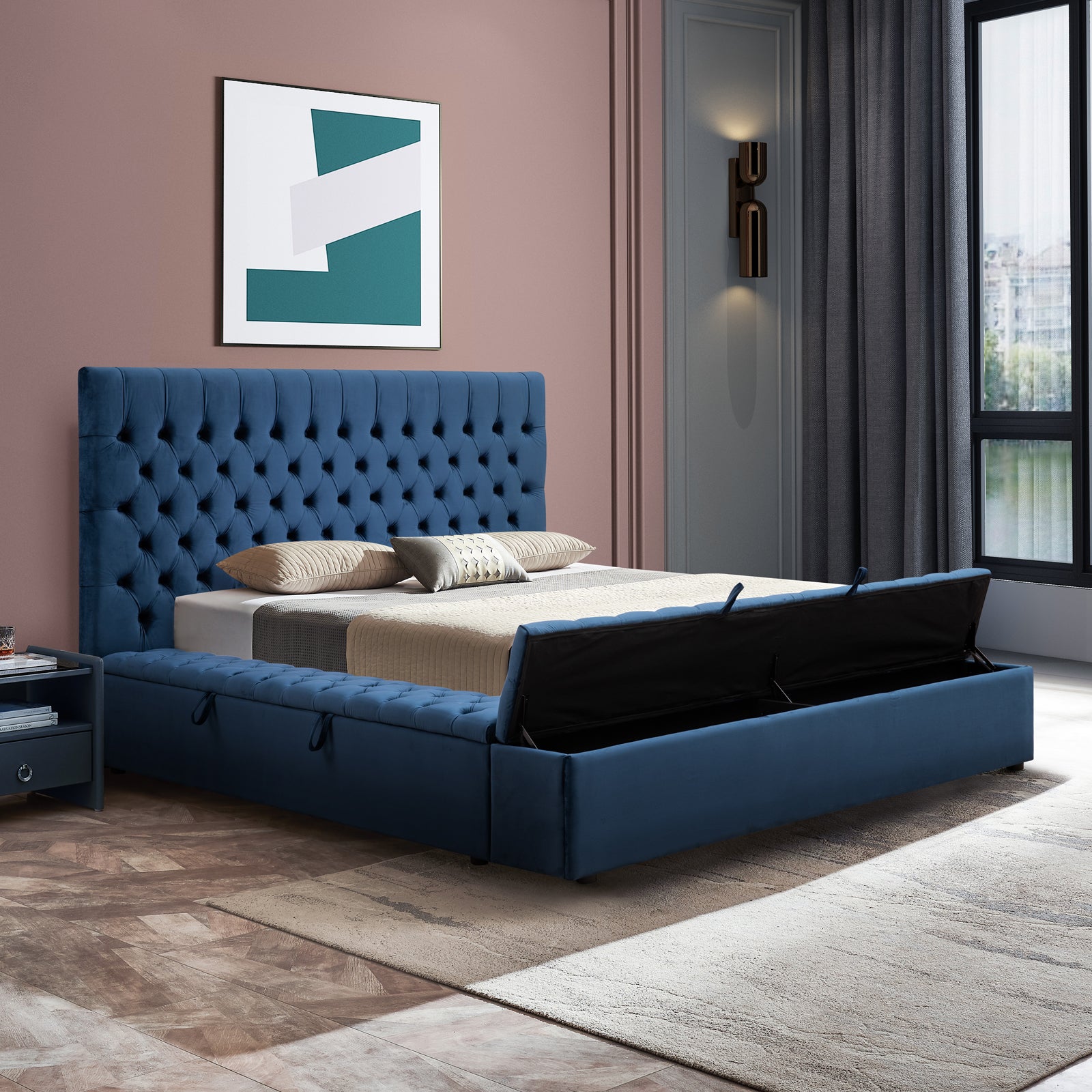 Bedzy Luxe Anna Queen Size Bed Frame Velvet Upholstery - Deep Blue - Furniture > Bedroom - Bedzy Australia