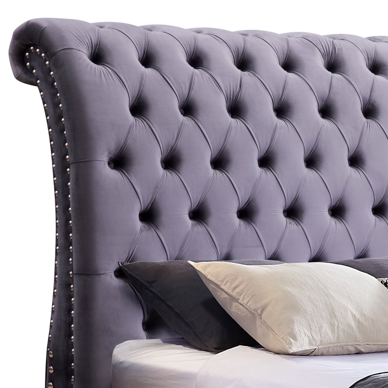 Bedzy Luxe Royal Sleigh King Size Bed Frame - Grey Velvet - Furniture > Bedroom - Bedzy Australia