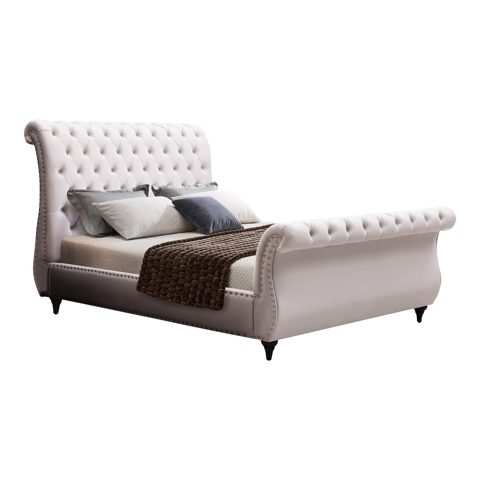 Bedzy Luxe Royal Sleigh Queen Size Bed Frame - Beige Velvet - Furniture > Bedroom - Bedzy Australia