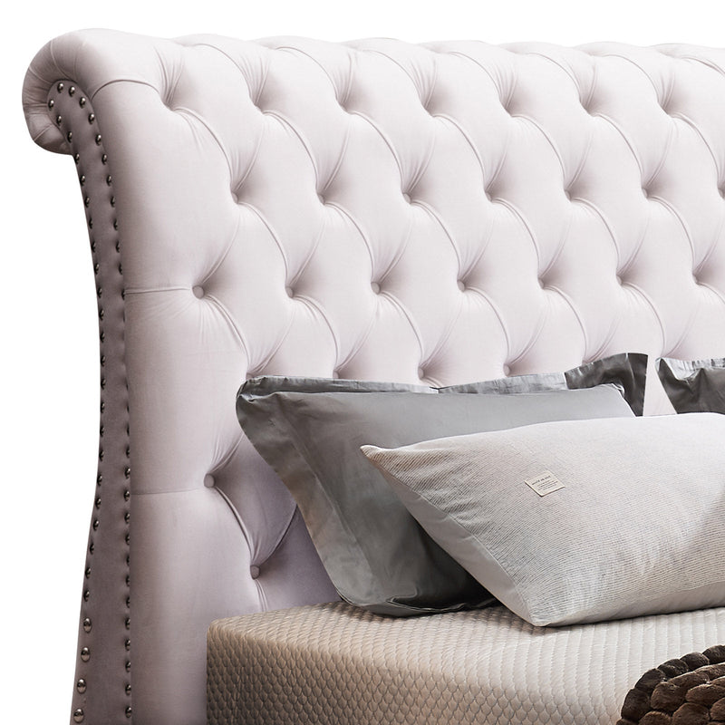 Bedzy Luxe Royal Sleigh Queen Size Bed Frame - Beige Velvet - Furniture > Bedroom - Bedzy Australia