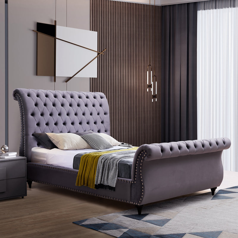 Bedzy Luxe Royal Sleigh Queen Size Bed Frame - Grey Velvet - Furniture > Bedroom - Bedzy Australia