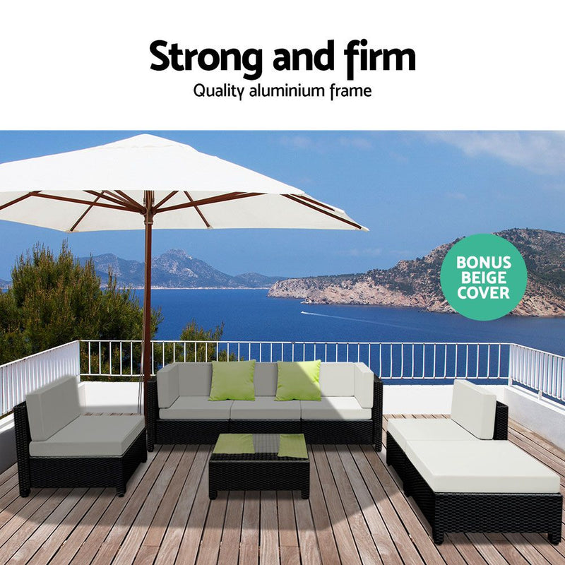 Bondi 6 Seat Corner Wicker Outdoor Lounge Set With Bonus Beige Cushion Covers - Furniture > Outdoor - Bedzy Australia