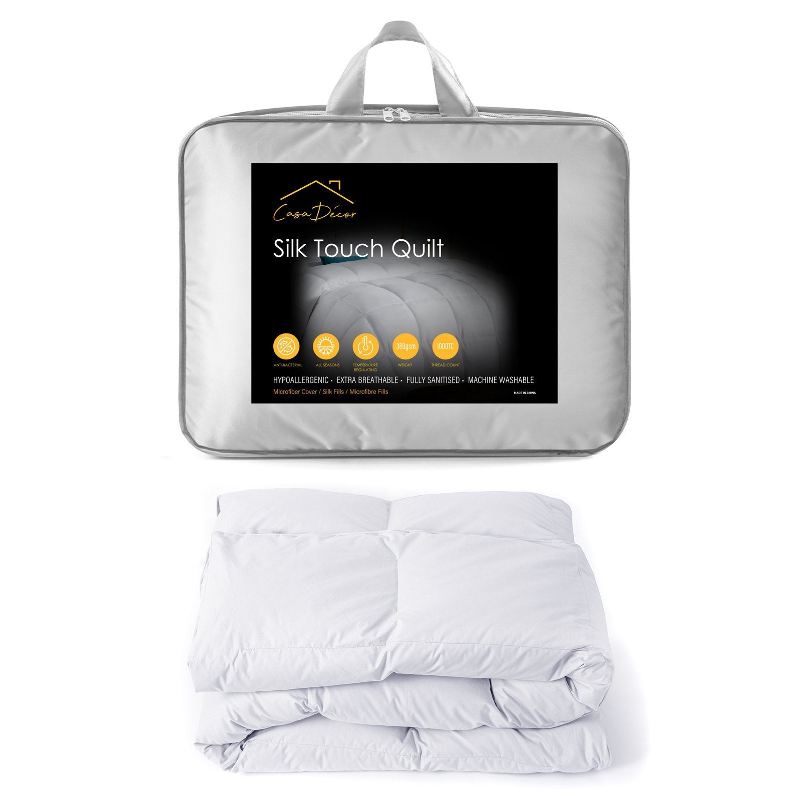 Casa Decor Silk Touch Quilt 360GSM All Seasons Antibacterial Hypoallergenic Single White - Bedzy Australia