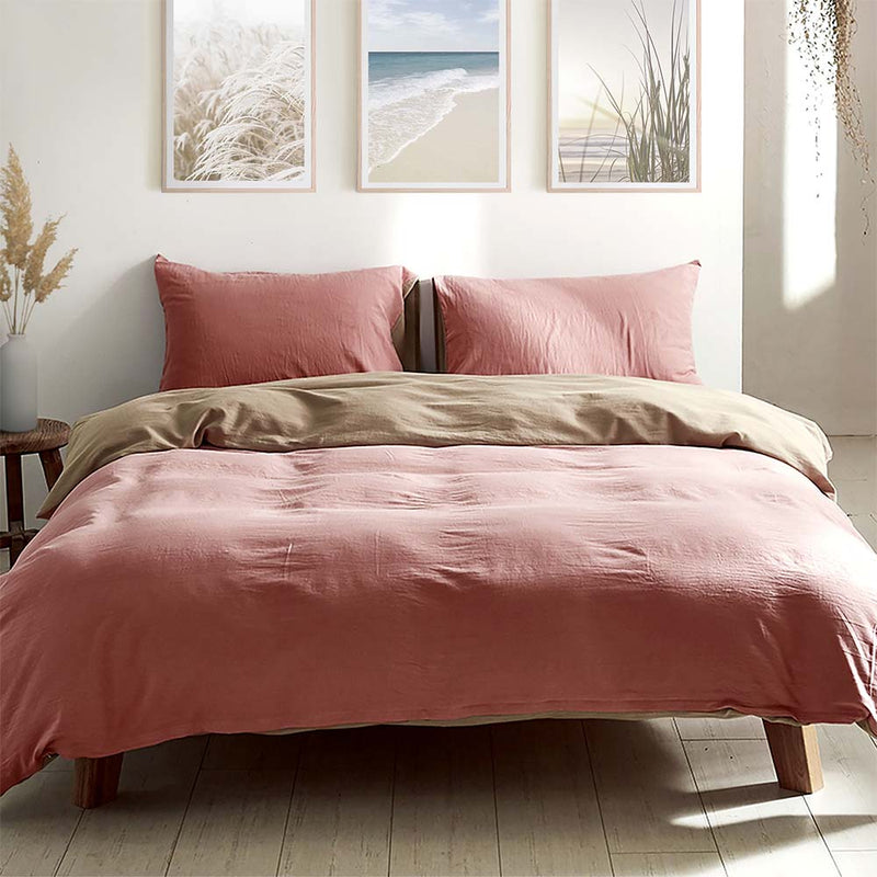 Deluxe Washed Cotton Quilt Set Pink Brown Double - Home & Garden > Bedding - Bedzy Australia