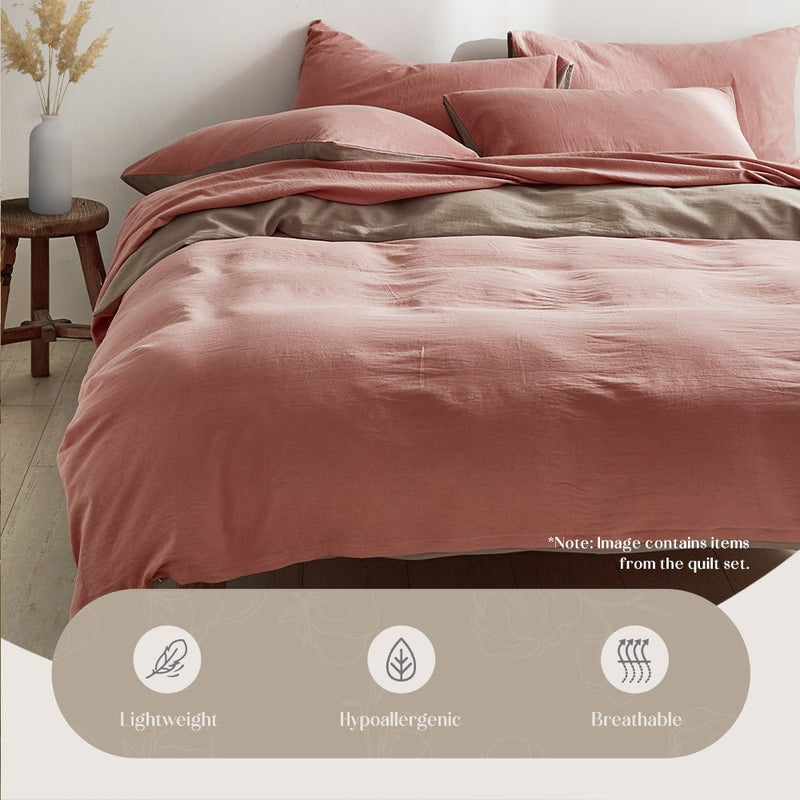 Deluxe Washed Cotton Quilt Set Pink Brown Double - Home & Garden > Bedding - Bedzy Australia