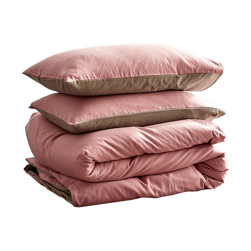 Deluxe Washed Cotton Quilt Set Pink Brown Single - Home & Garden > Bedding - Bedzy Australia