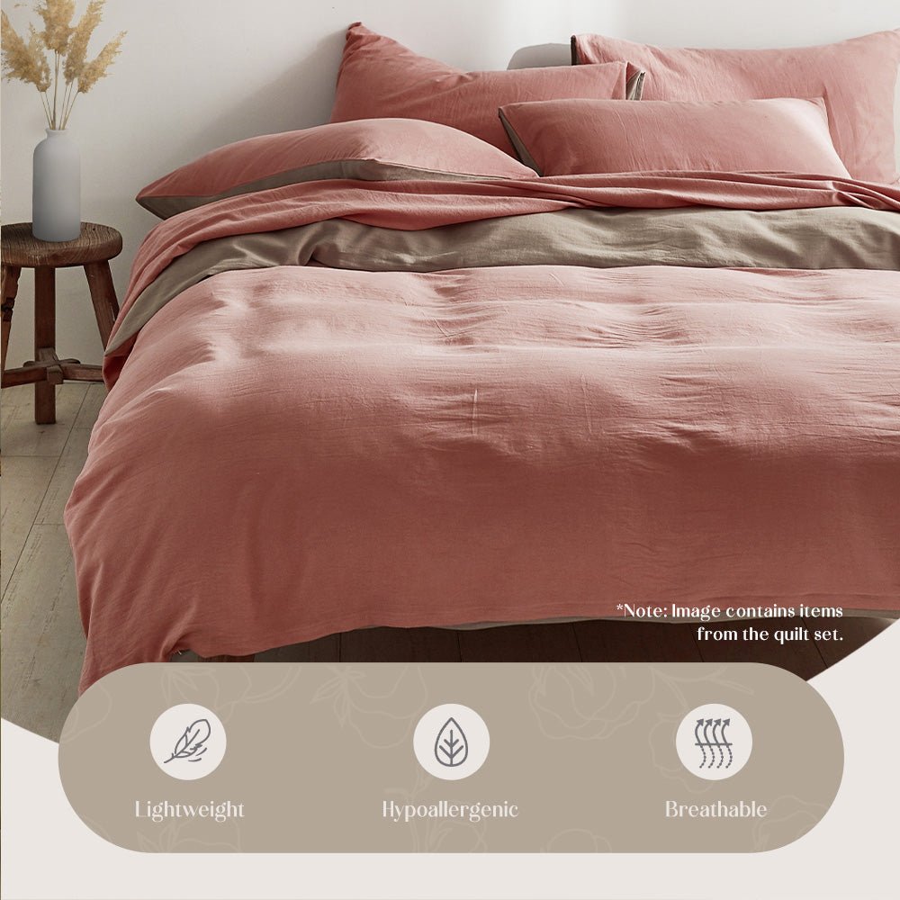 Deluxe Washed Cotton Quilt Set Pink Brown Single - Home & Garden > Bedding - Bedzy Australia
