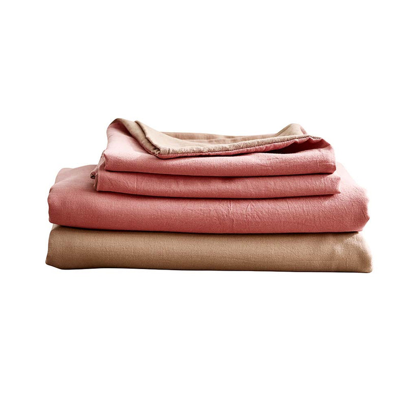 Deluxe Washed Cotton Sheet Set Pink Brown Double - Home & Garden > Bedding - Bedzy Australia