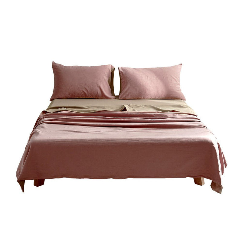 Deluxe Washed Cotton Sheet Set Pink Brown Double - Home & Garden > Bedding - Bedzy Australia