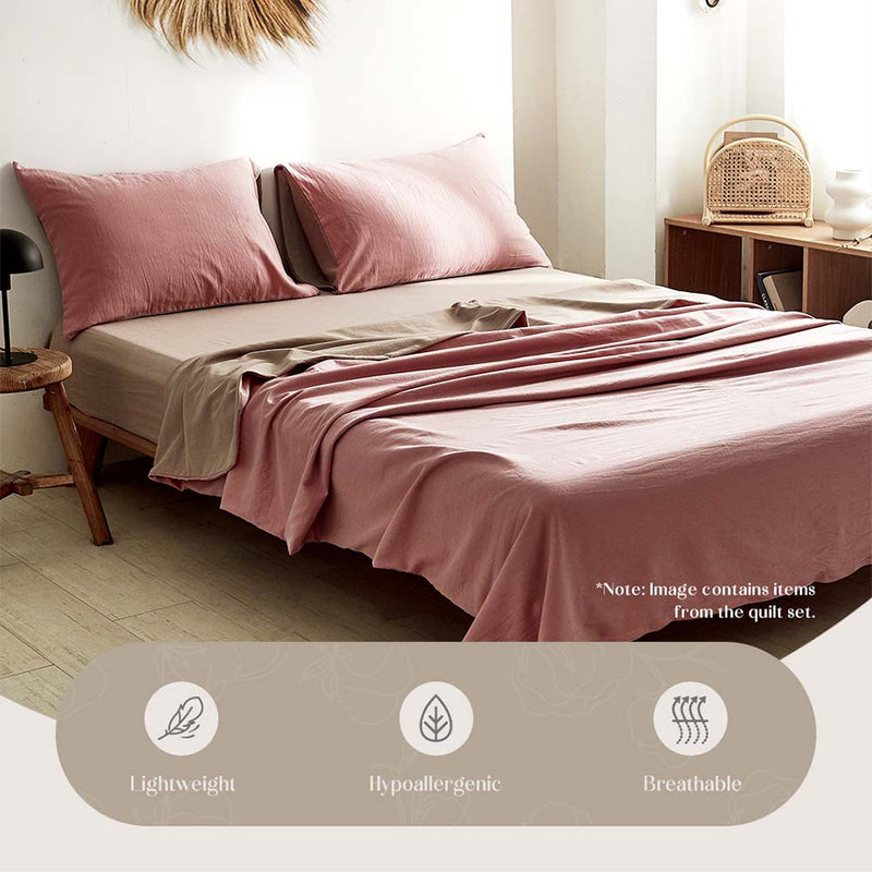 Deluxe Washed Cotton Sheet Set Pink Brown Double - Home & Garden > Bedding - Bedzy Australia